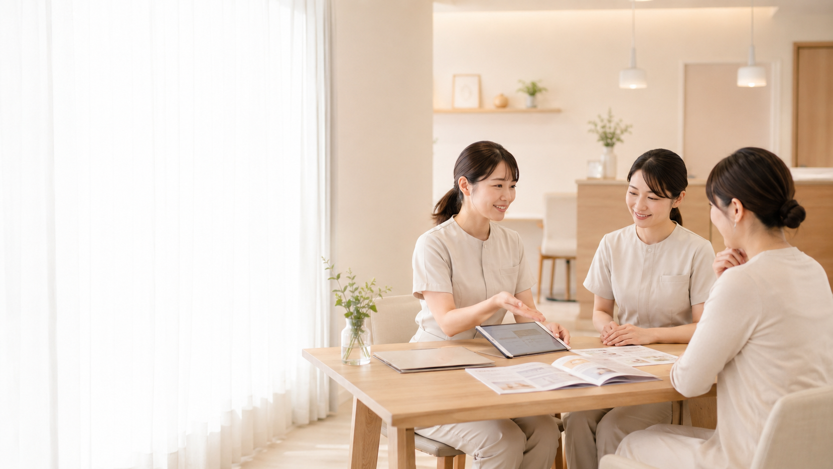 産婦人科や産後ケア施設で導入方法を相談しているイメージ